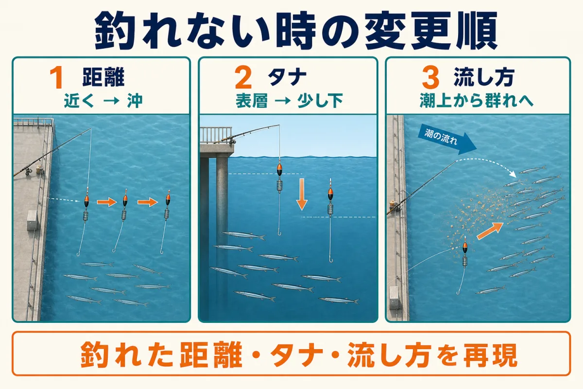 本牧海づり施設でサヨリが釣れない時に距離・タナ・流し方を変える順番