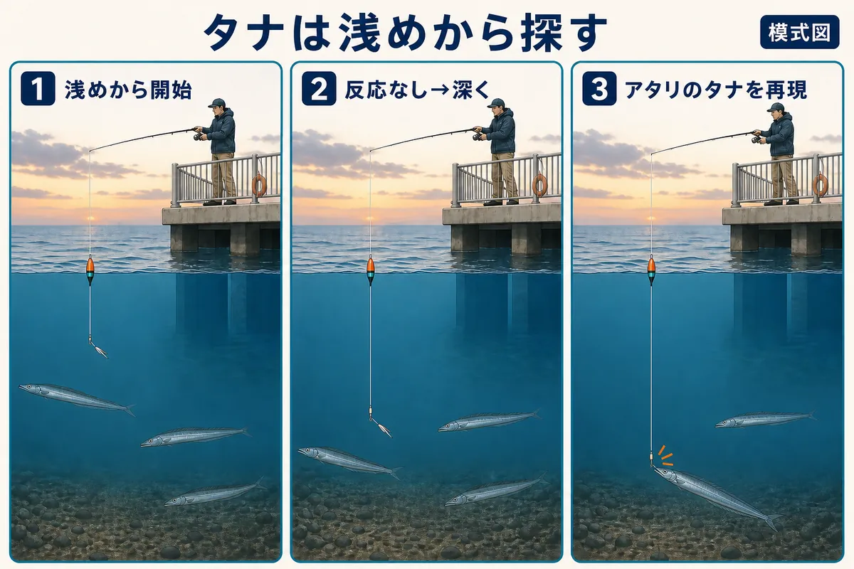 タチウオの電気ウキ釣りで浅いタナから深く探しアタリの出た深さを再現する模式図