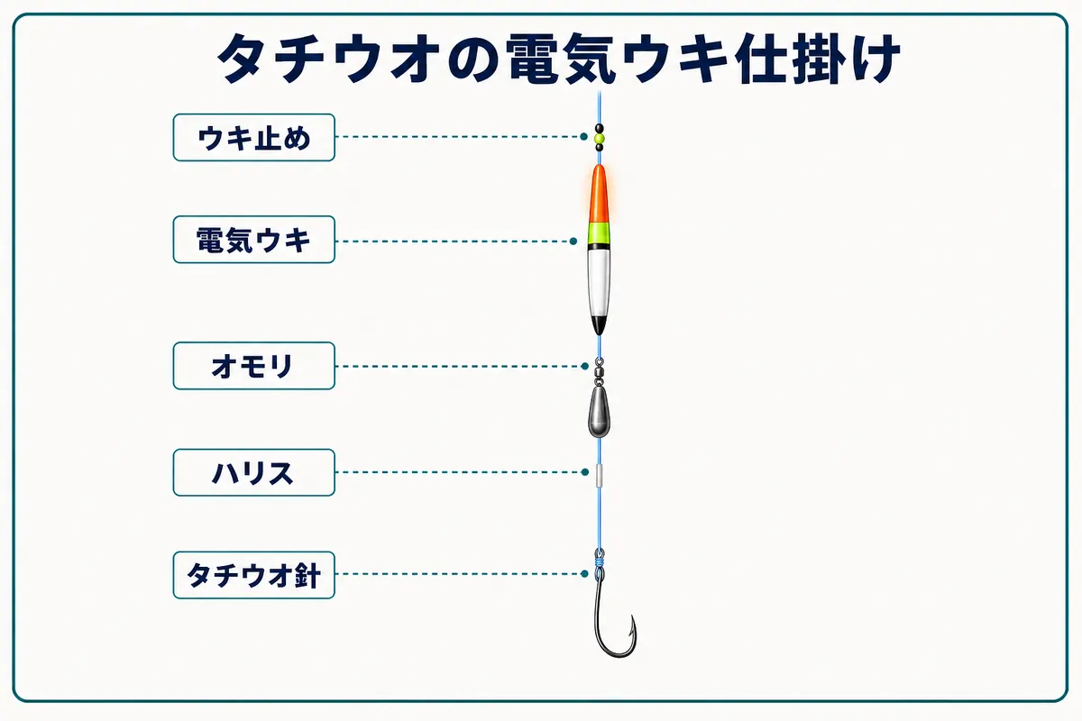 タチウオの電気ウキ釣りで使うウキ止め・電気ウキ・オモリ・ハリス・単針の基本構造
