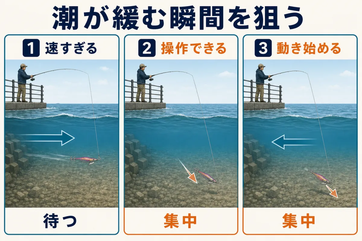 アジュール舞子の速い潮でエギを操作できるタイミング