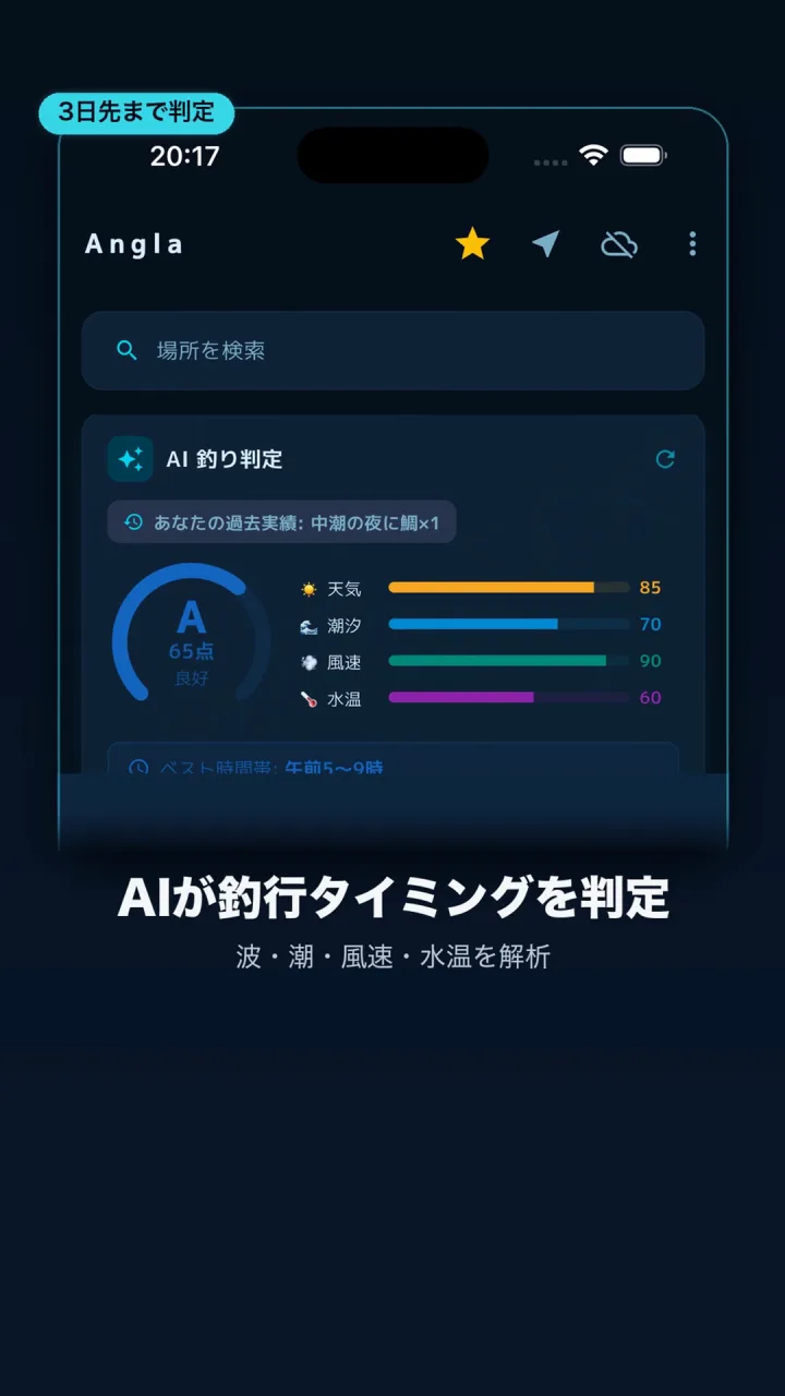 AnglaのAI釣り判定画面。天気・潮汐・風速・水温のスコアを表示