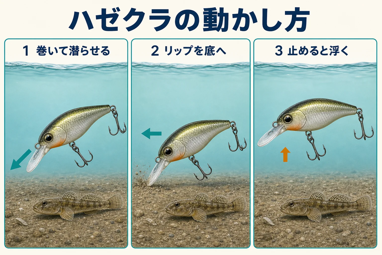 ハゼクラでクランクを潜らせて底へ当て、止めると浮く操作図