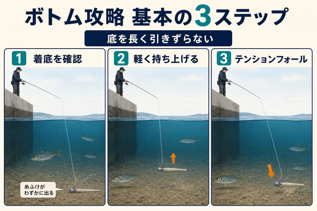 豆アジをボトムで狙う着底・持ち上げ・テンションフォールの3ステップ