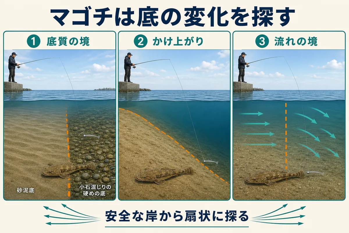 播磨・高砂でマゴチを狙う底質の境・かけ上がり・流れの境の模式図
