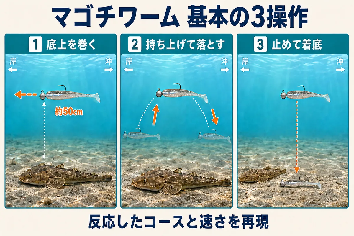 マゴチワームの底上ただ巻き・リフトアンドフォール・着底の基本操作