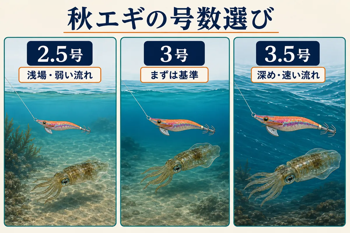 秋アオリイカで2.5号・3号・3.5号のエギを使い分ける条件