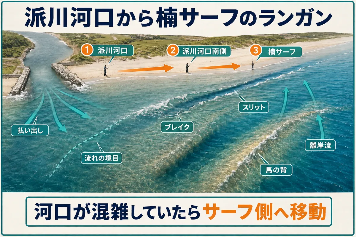 鈴鹿川派川河口から楠サーフへ移動しながら探す地形変化の模式図