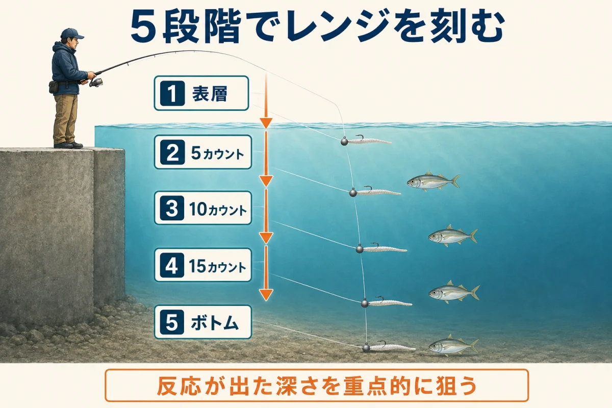 五ヶ所湾のアジングで表層からボトムまで5段階にレンジを探る図