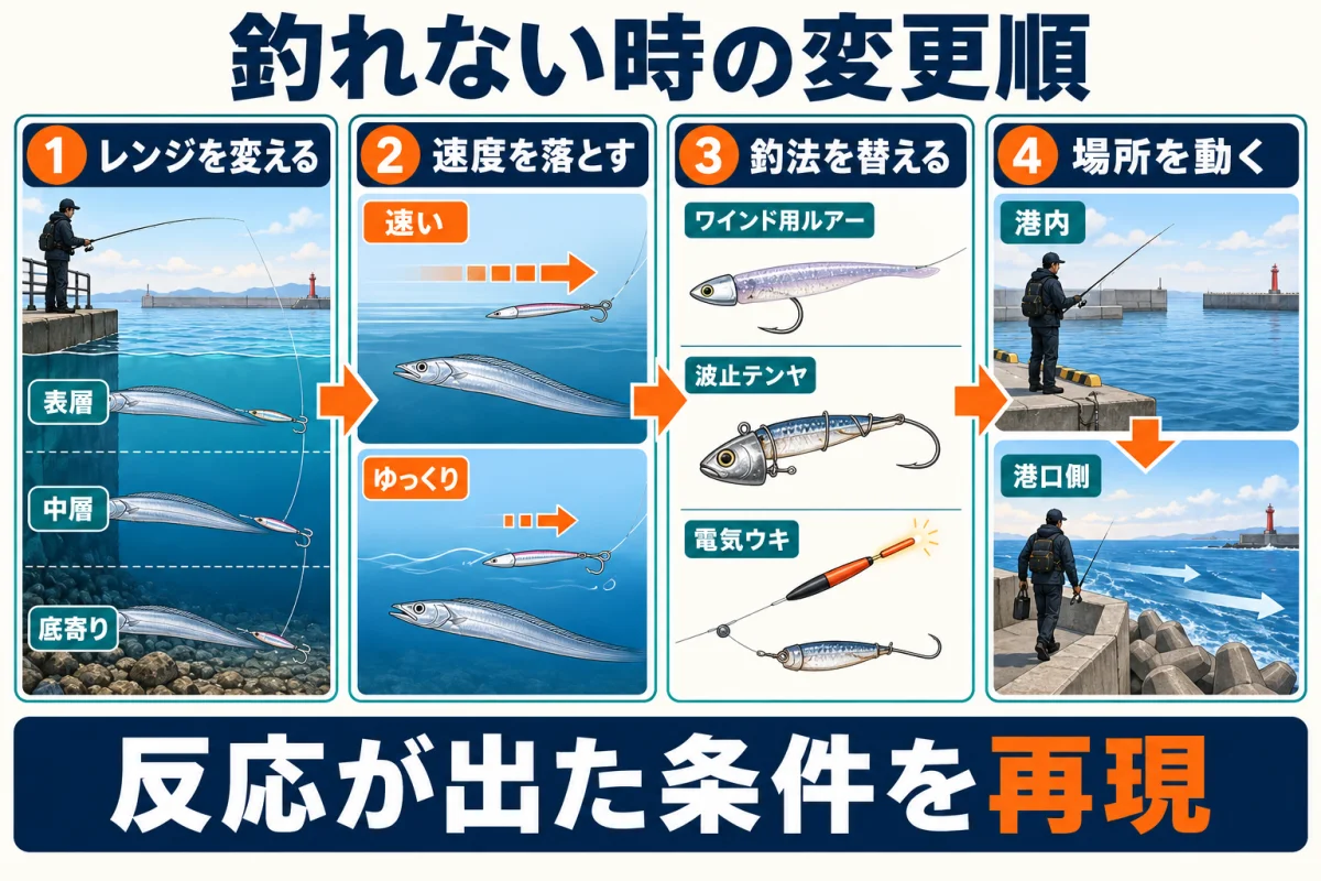 小島漁港でタチウオが釣れない時にレンジ・速度・釣法・場所を変える順番