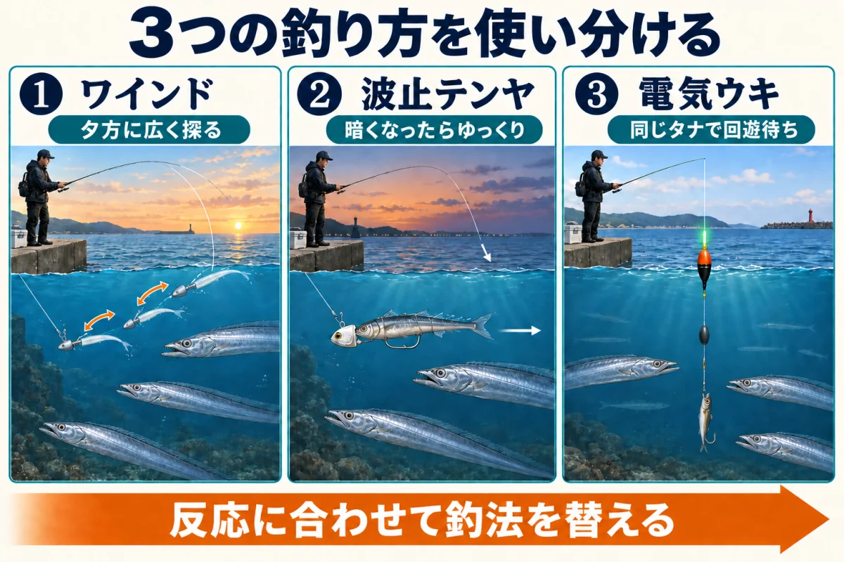 小島漁港のタチウオ釣りでワインド・波止テンヤ・電気ウキを使い分ける図解