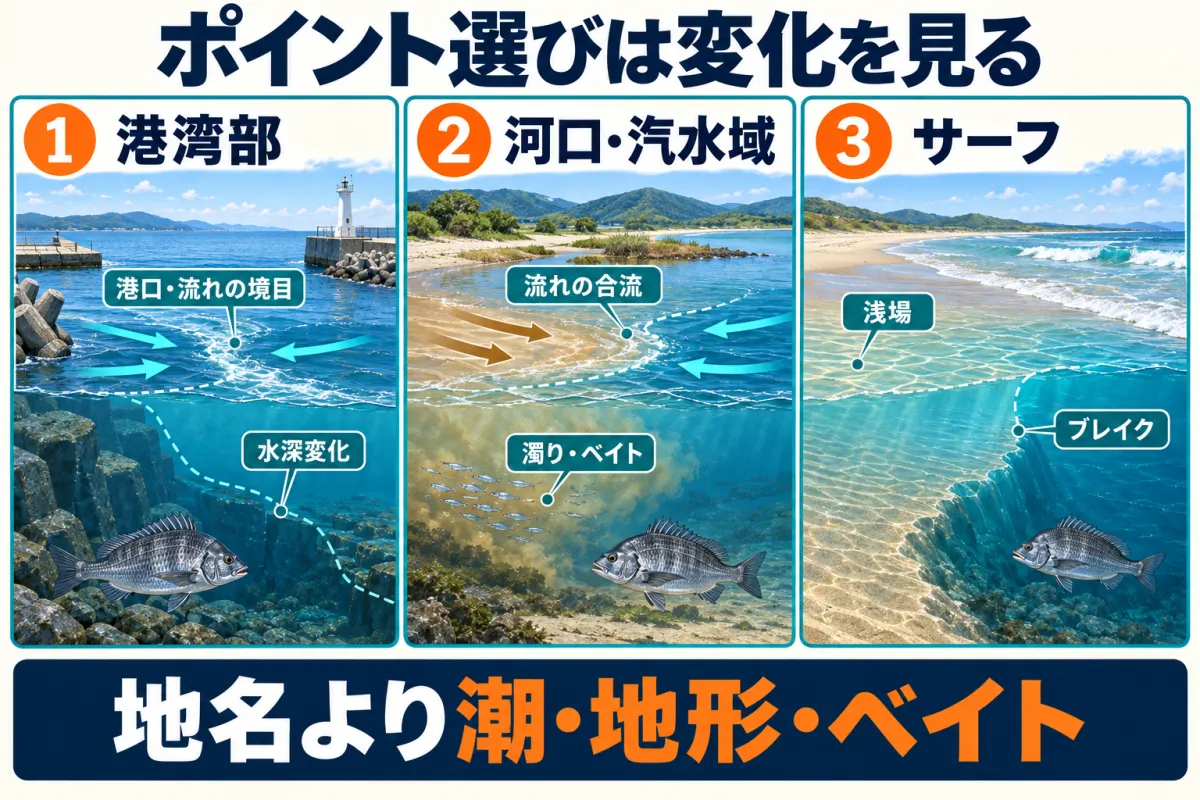 宮津湾チニングで港湾部・河口・サーフの変化を探す模式図