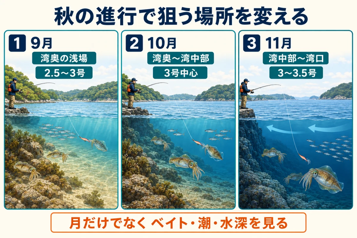 英虞湾の秋アオリイカを9月・10月・11月で狙い分ける模式図