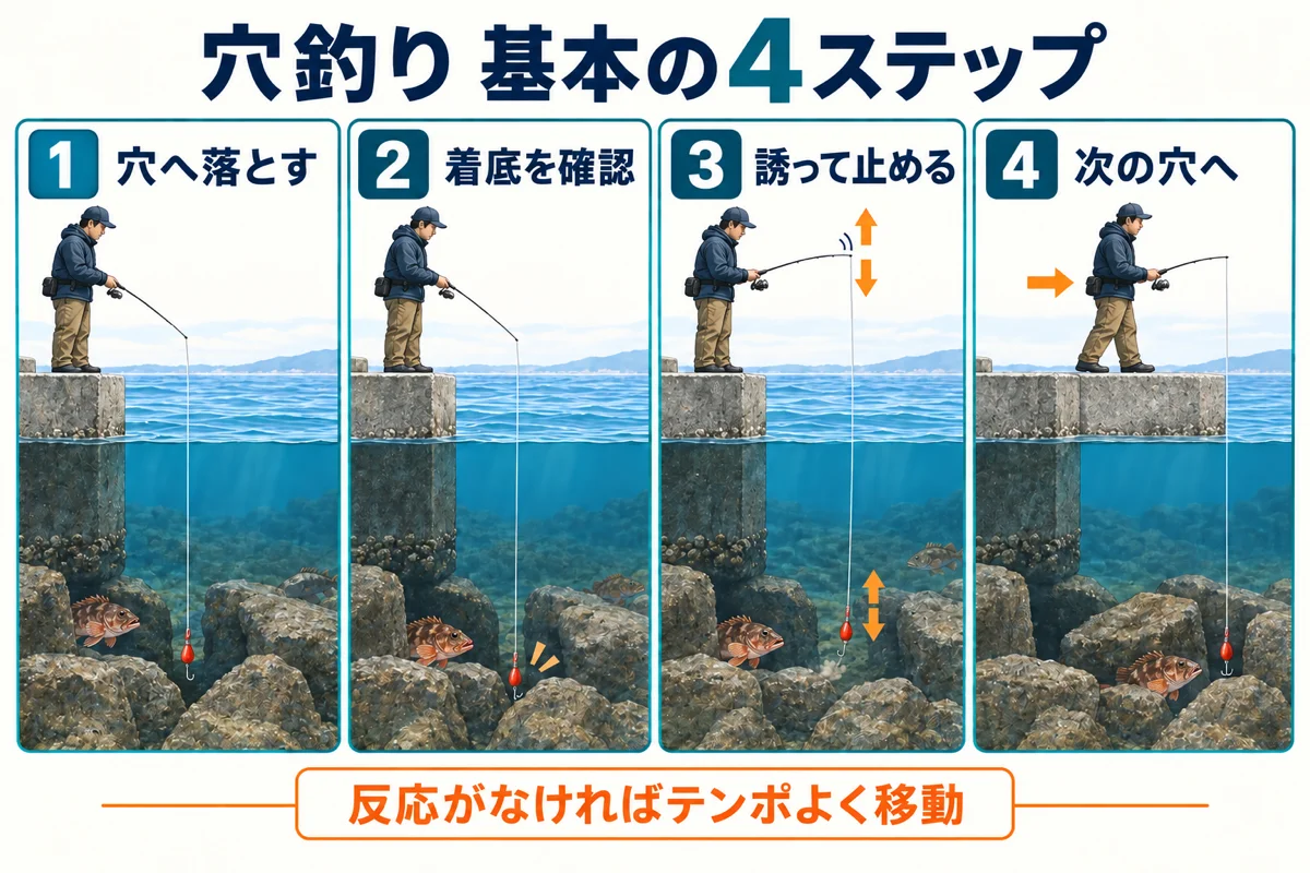 穴へ落として着底を確認し次の穴へ移る穴釣りの4ステップ