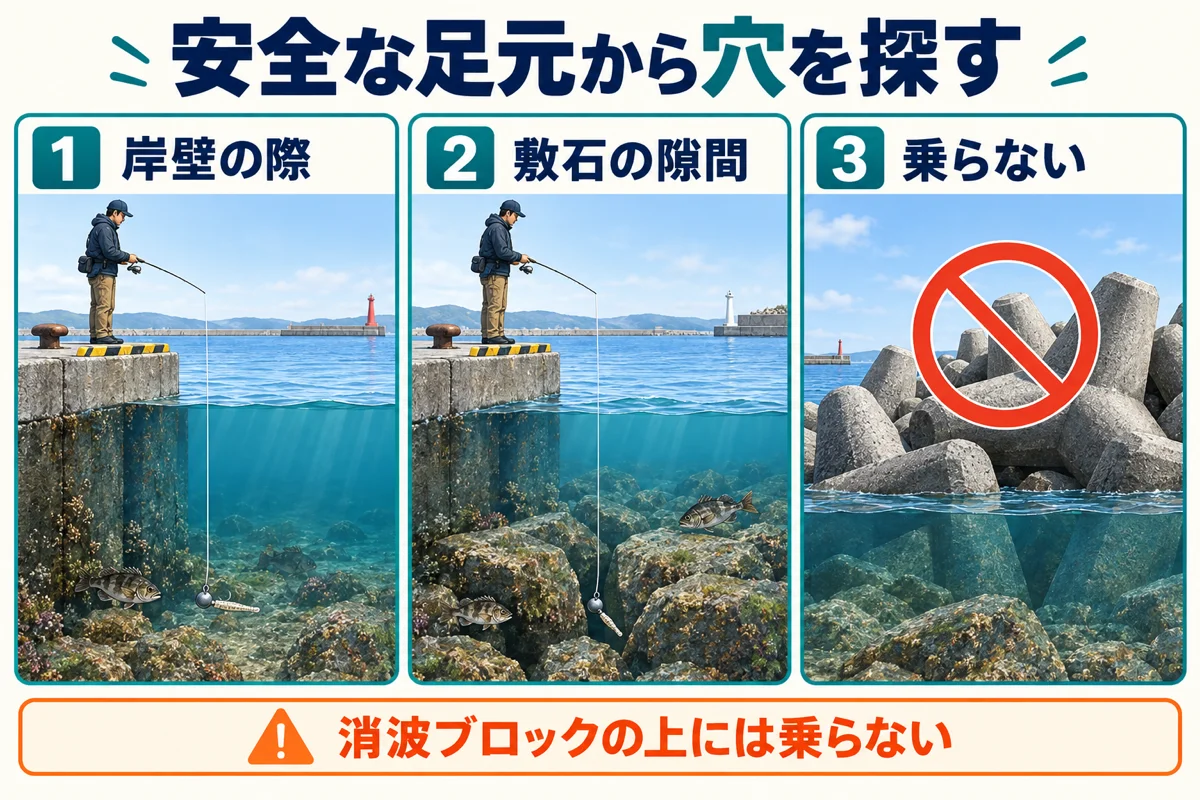安全な岸壁と敷石から穴釣りをする場所の模式図