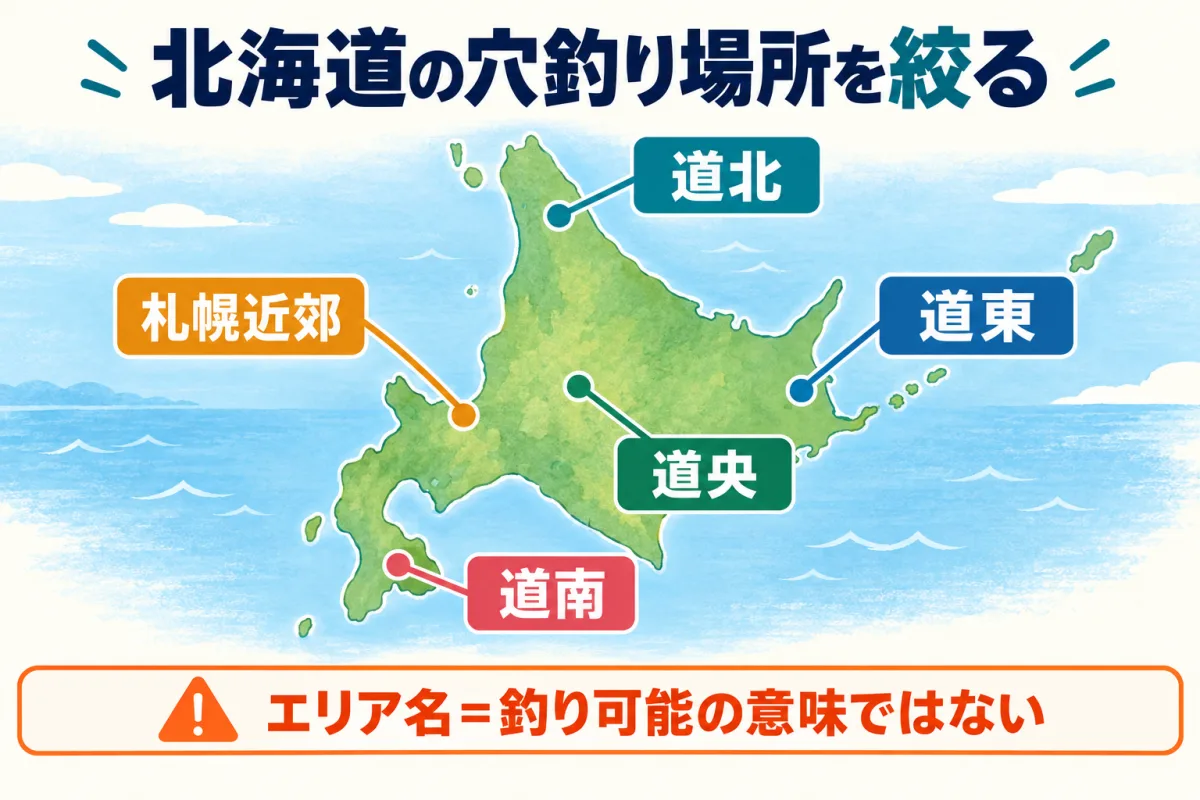 北海道の穴釣り場所を札幌近郊・道央・道南・道北・道東から絞る模式図