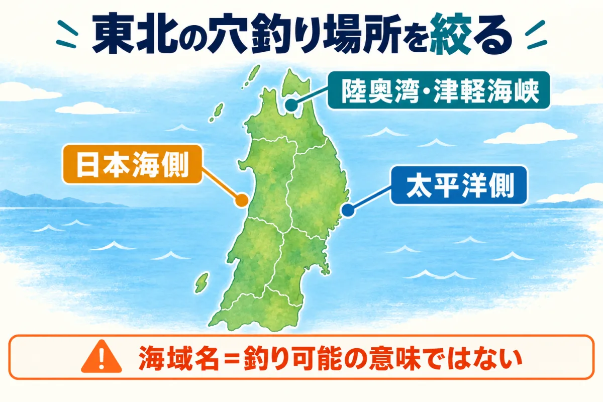 東北の穴釣り場所を太平洋側・日本海側・陸奥湾と津軽海峡から絞る模式図