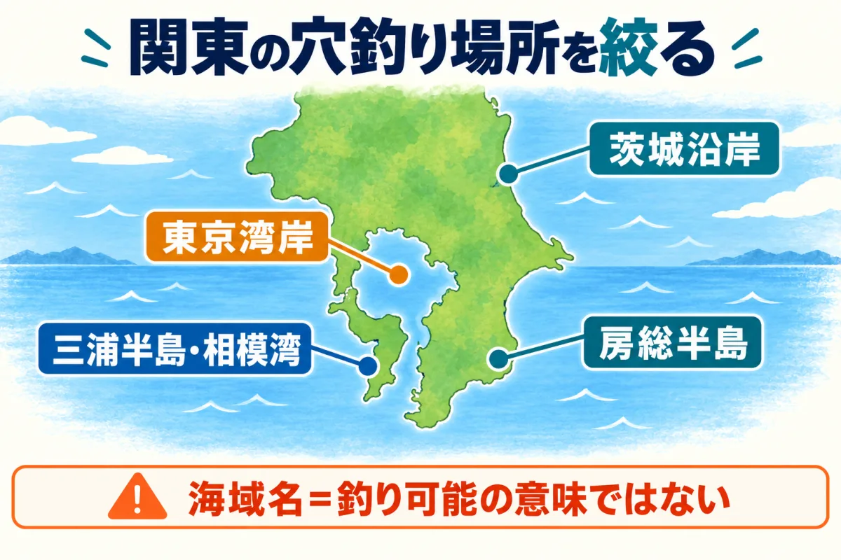 関東の穴釣り場所を茨城沿岸・東京湾岸・房総半島・三浦半島と相模湾から絞る模式図