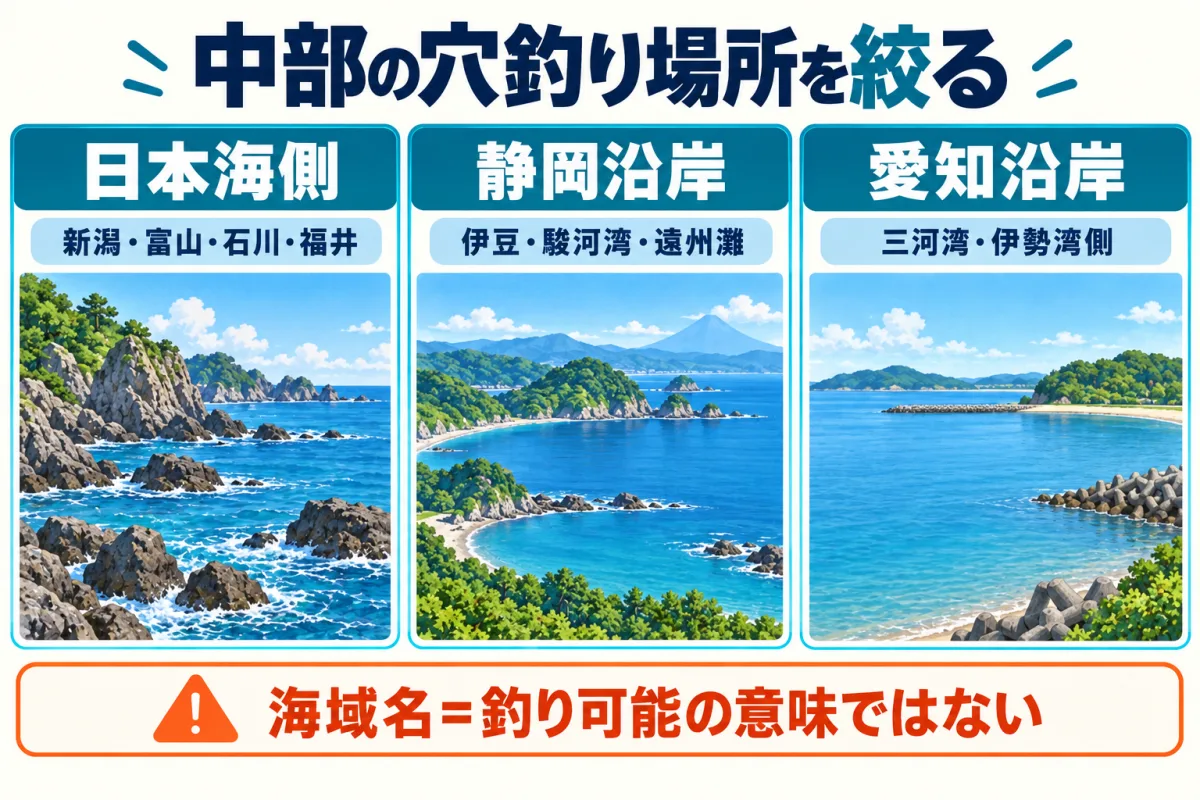 中部の穴釣り場所を日本海側・静岡沿岸・愛知沿岸から絞る模式図