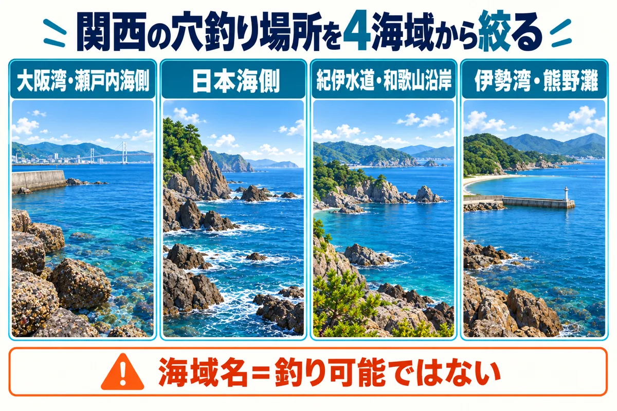 関西の穴釣り場所を大阪湾・日本海・紀伊水道・伊勢湾の4海域から絞る模式図