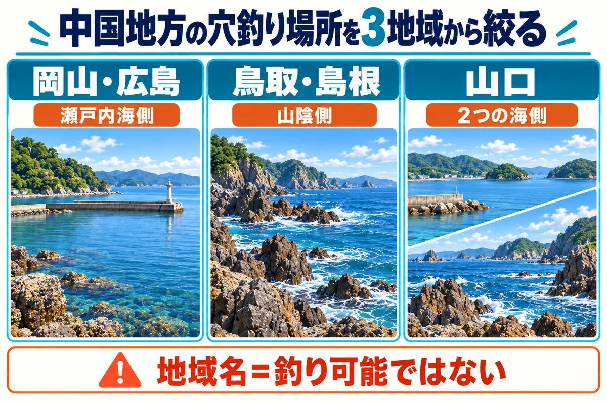 中国地方の穴釣り場所を岡山・広島、鳥取・島根、山口の3地域から絞る模式図