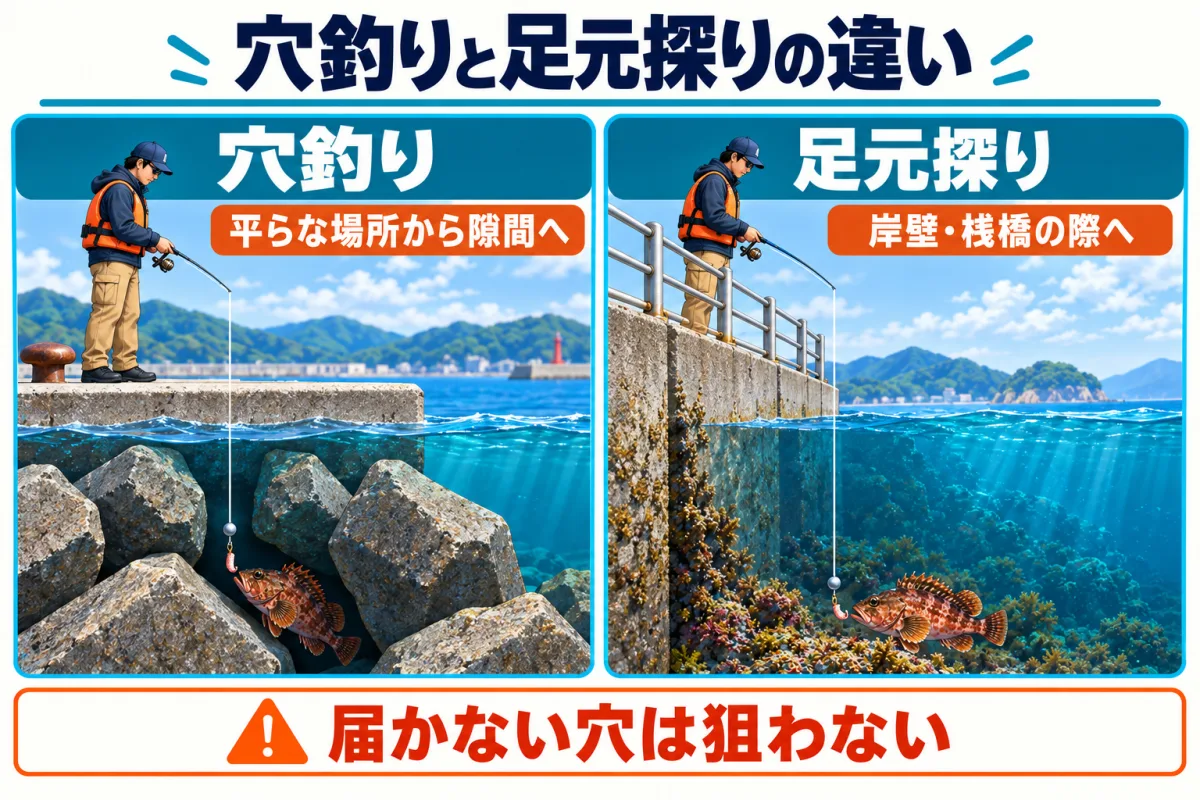 穴釣りと岸壁・桟橋での足元探りの違い