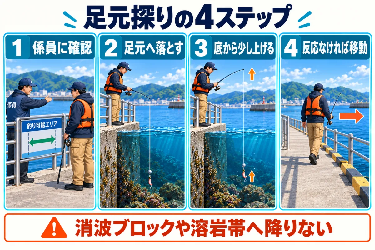 管理釣り施設で行う足元探りの4ステップ
