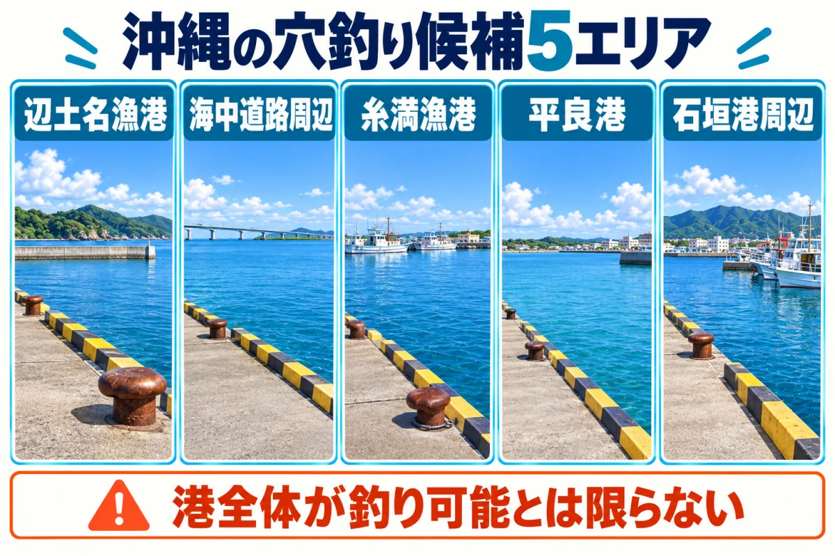 沖縄の穴釣り候補5エリア。辺土名漁港、海中道路周辺、糸満漁港、平良港、石垣港周辺