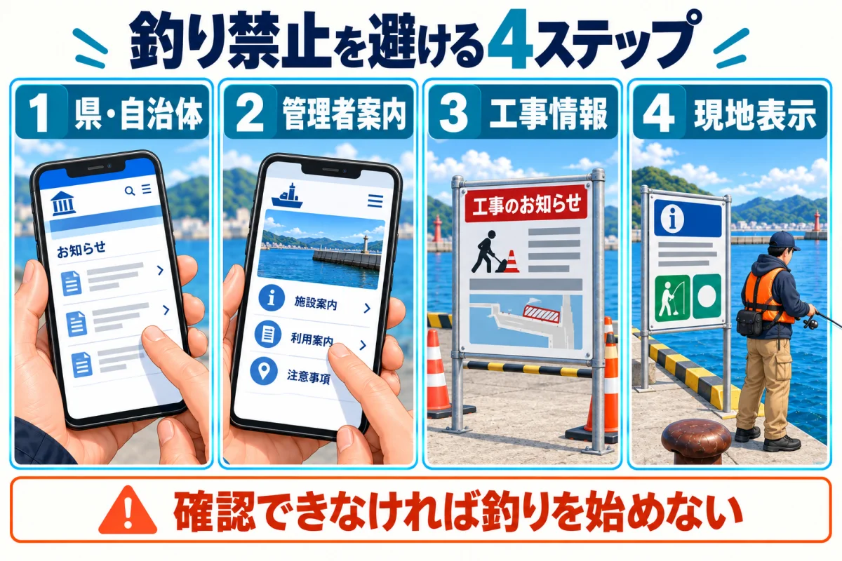 釣り禁止場所を避けるために県・自治体、管理者、工事情報、現地表示を確認する4ステップ