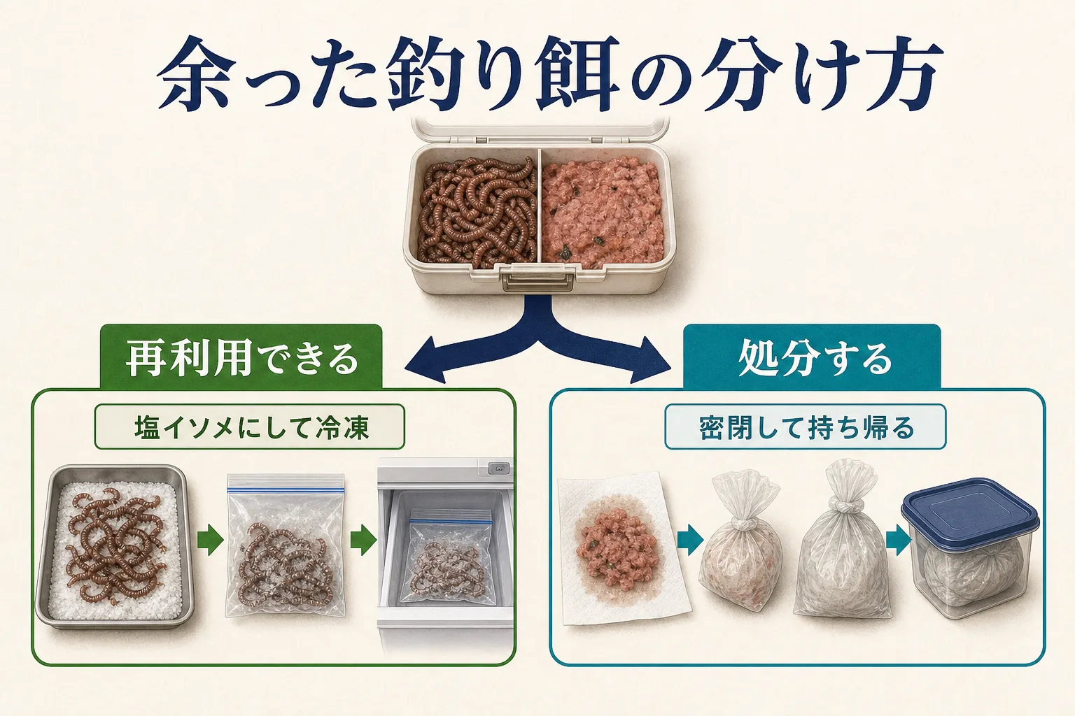 余ったコマセとイソメを処分・再利用に分ける方法
