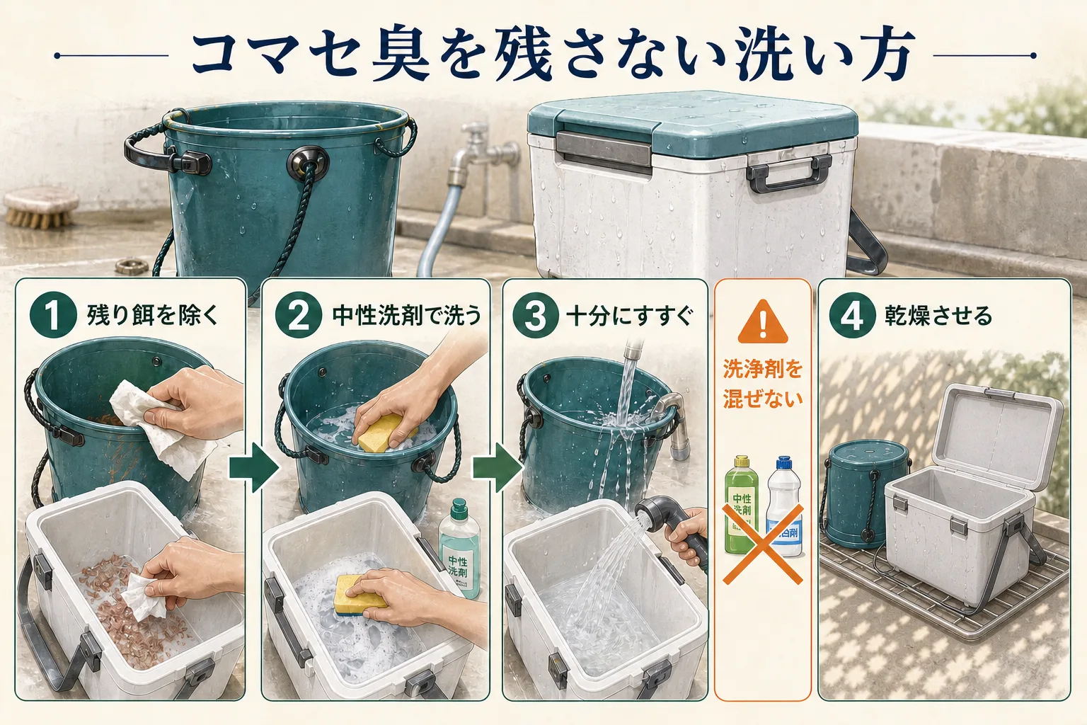 コマセ臭を残さないバケツとクーラーボックスの洗浄手順