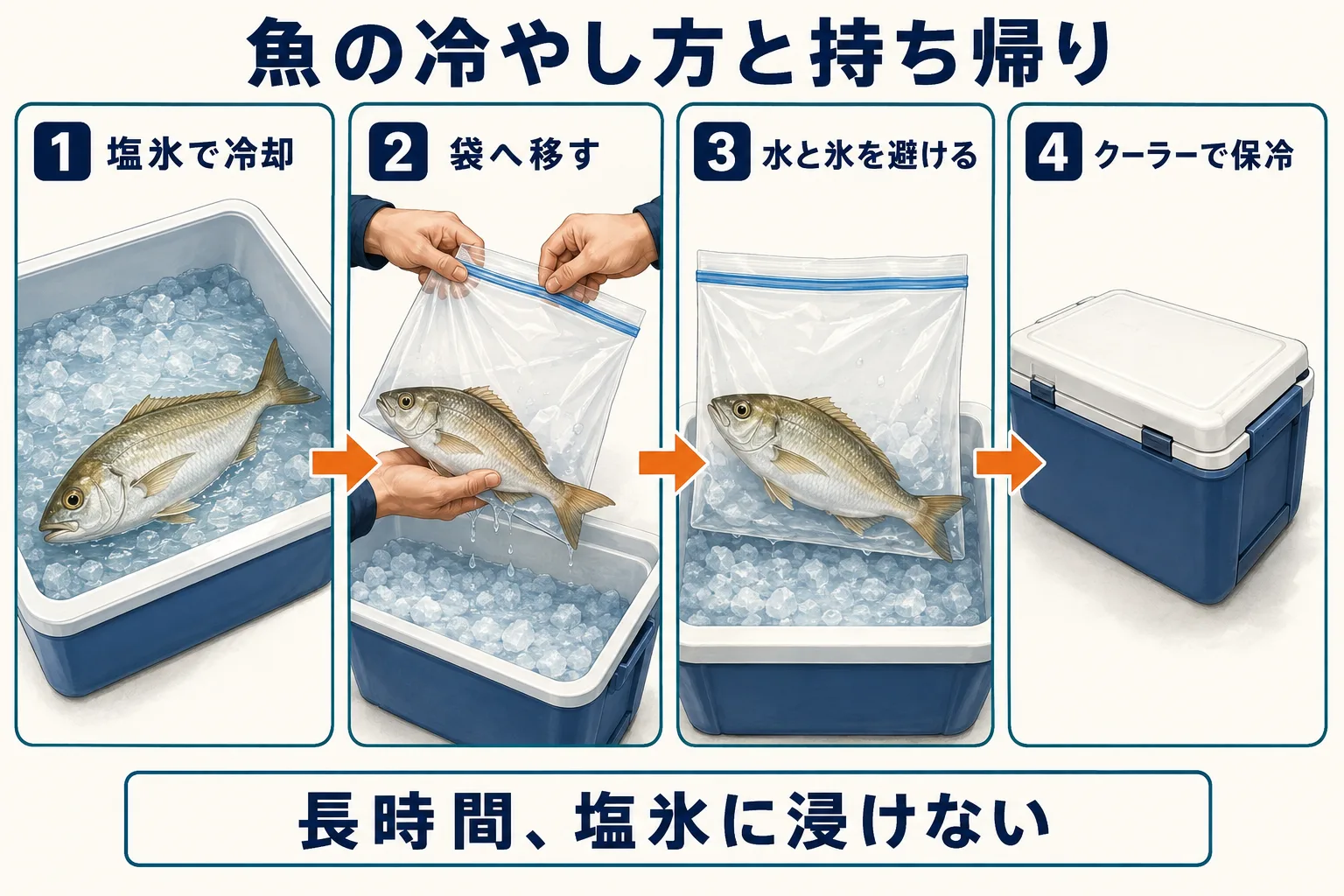 締めた魚を塩氷から袋へ移してクーラーで保冷する手順