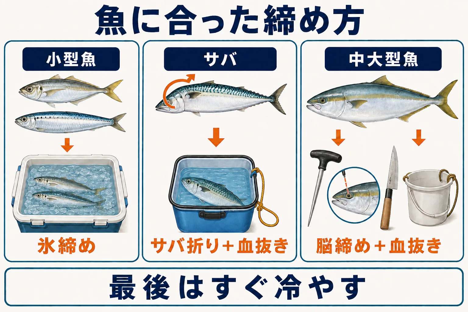 小型魚・サバ・中大型魚で選ぶ締め方の図解