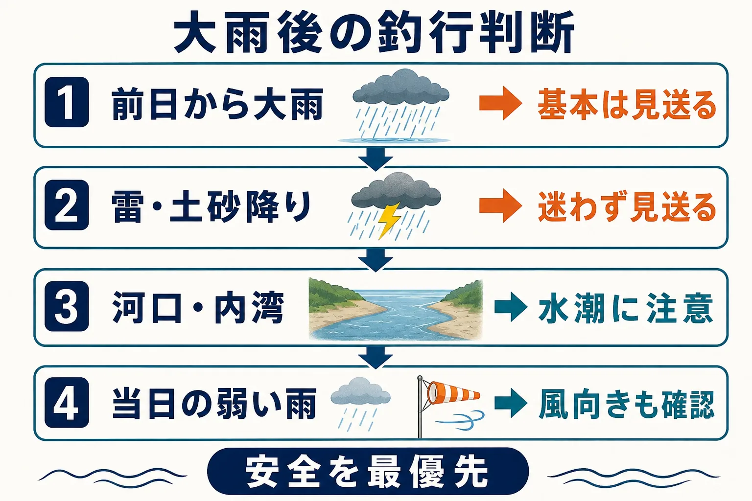 前日からの大雨や雷を確認する海釣りの判断フロー