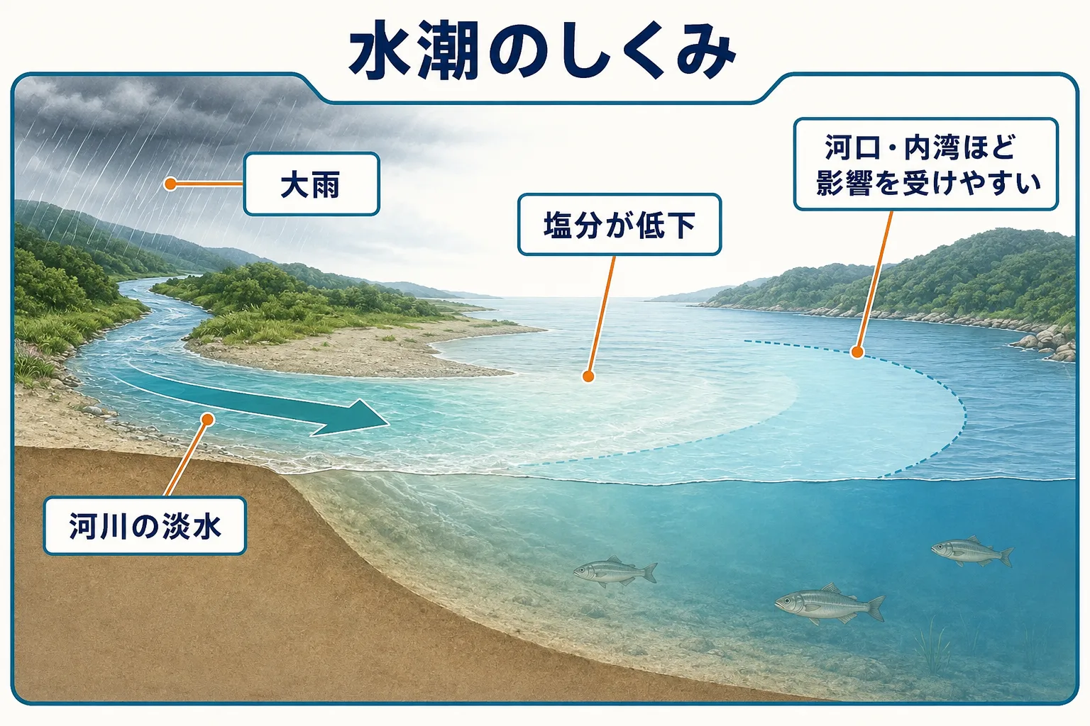 大雨後に河川の淡水が海へ流れ込み水潮が起こる仕組み
