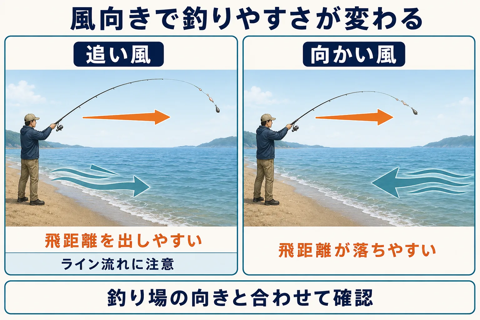 追い風と向かい風でキャストのしやすさが変わる比較図