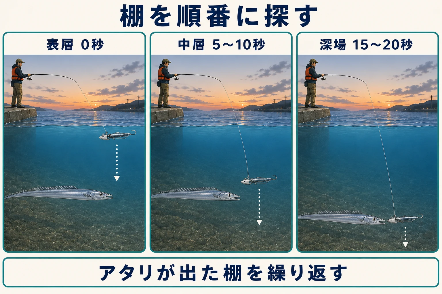 タチウオの棚を表層・中層・深場の順に沈める秒数を変えて探す方法