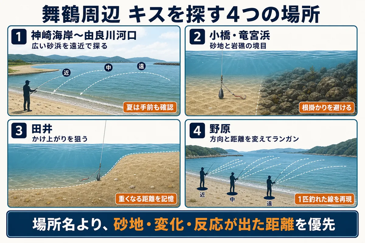 舞鶴周辺でキスを探す4つの釣り方の概念図