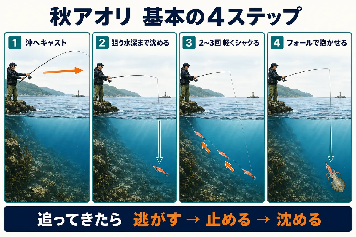 秋アオリイカのシャクリとフォールの基本4ステップ