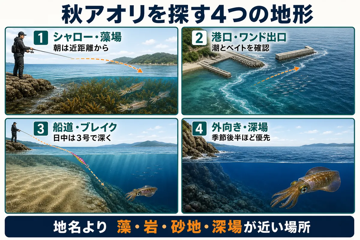 秋アオリイカを探す4つの地形