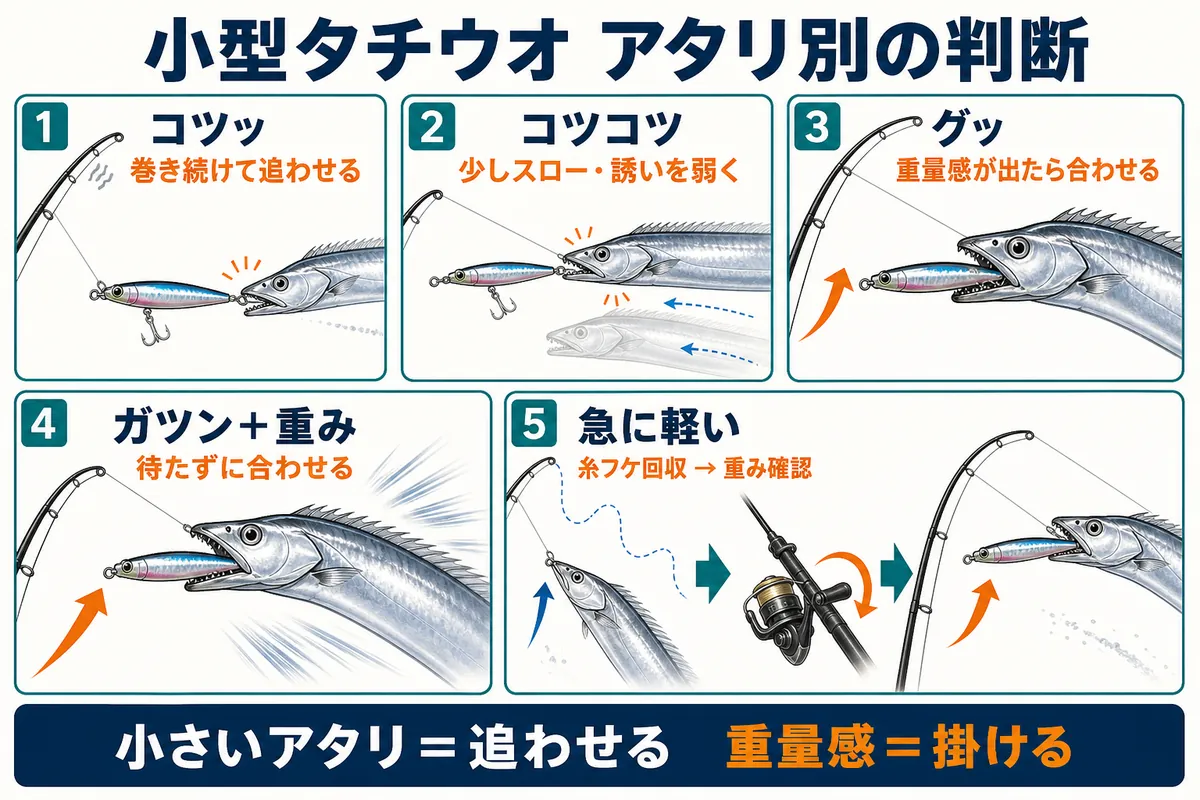 小型タチウオのアタリ別判断