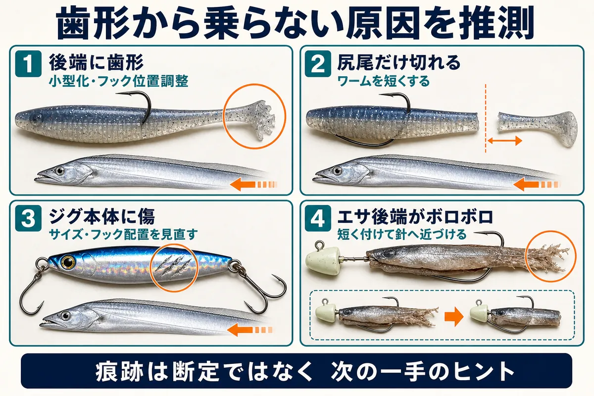 タチウオの歯形から乗らない原因を推測する図