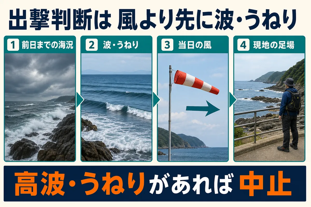 秋エギングの出撃前に確認する波とうねりと風