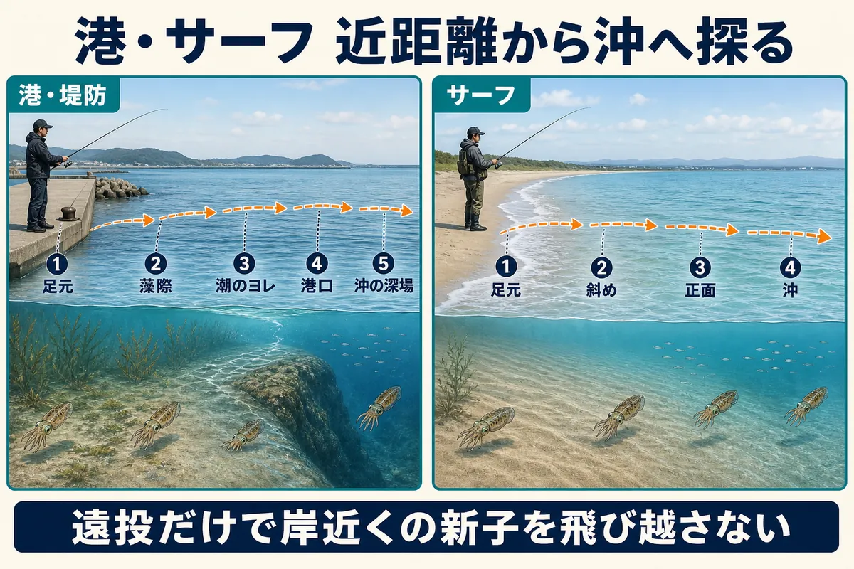 港とサーフで秋アオリイカを近距離から沖へ探る順番