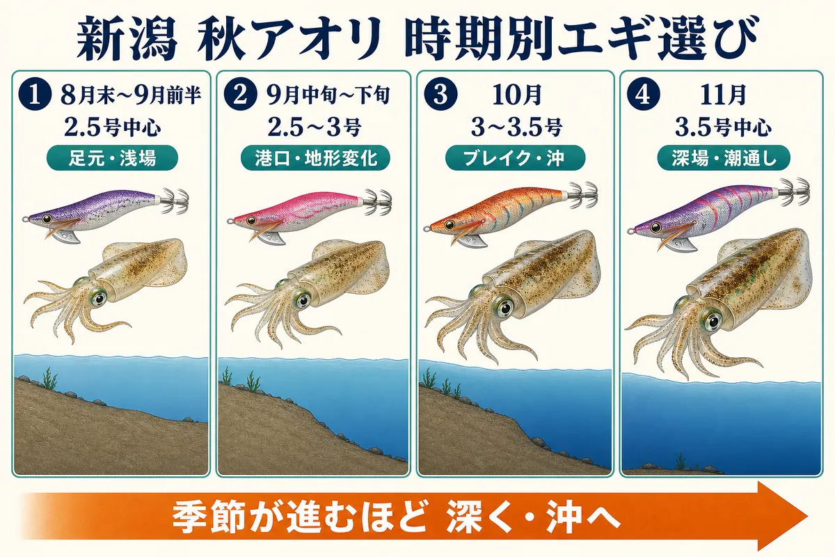 新潟の秋アオリイカで使う時期別エギサイズ