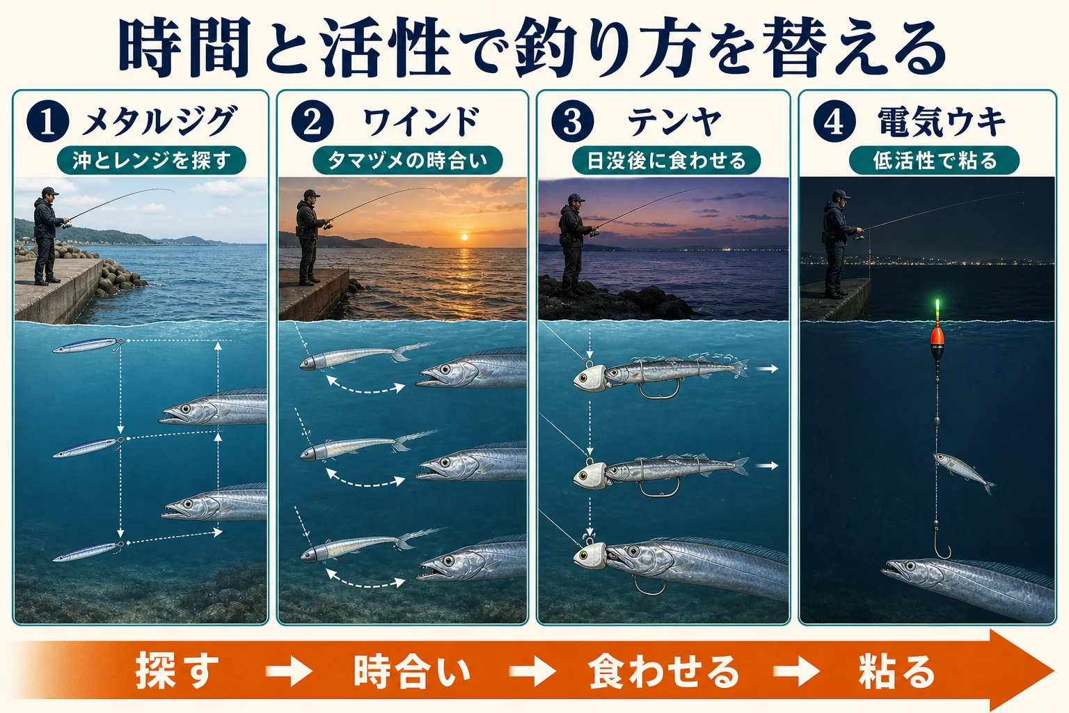 メタルジグ、ワインド、テンヤ、電気ウキを時間と活性で使い分ける流れ