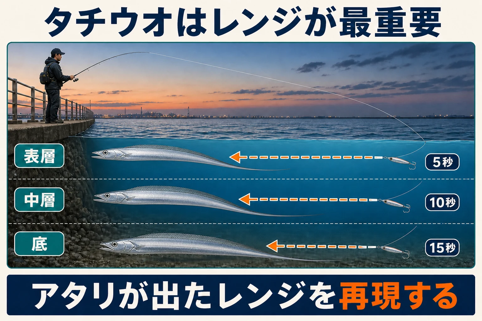 岸から表層・中層・底を探り、沖から岸へルアーを回収するレンジ攻略図