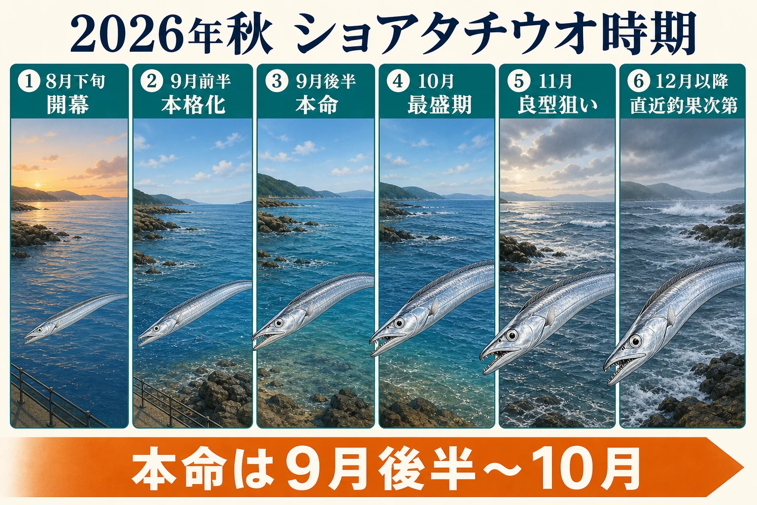 2026年秋のショアタチウオ時期。8月下旬の開幕から10月の最盛期、12月以降までを示す