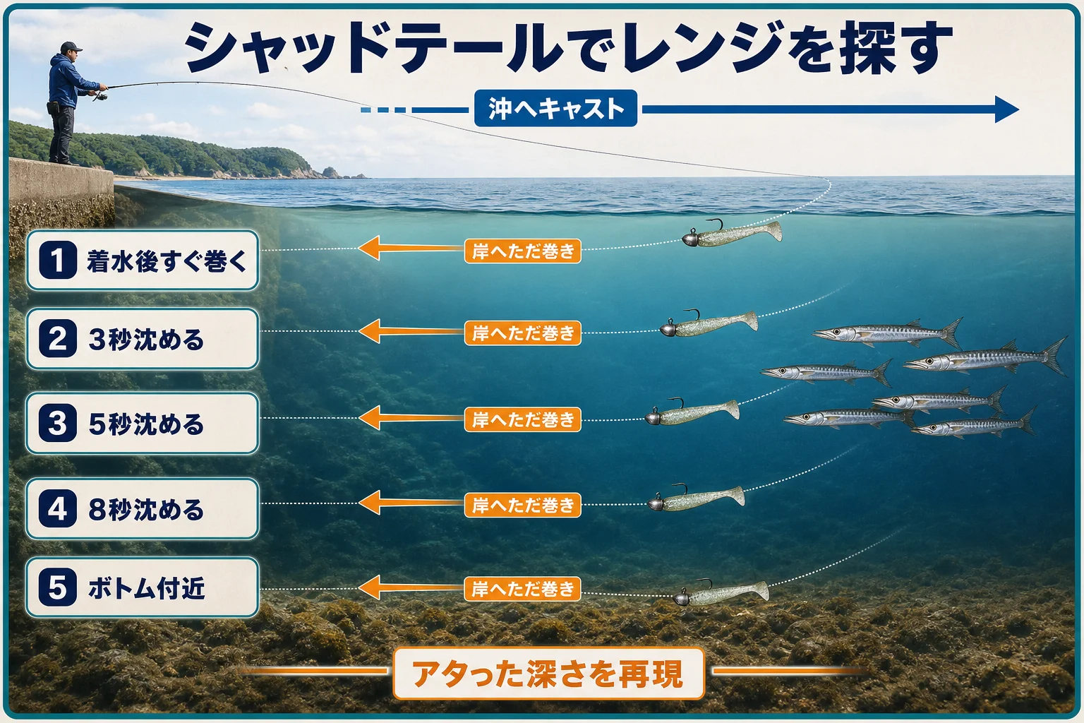 シャッドテールで表層から底までカマスのレンジを探す方法