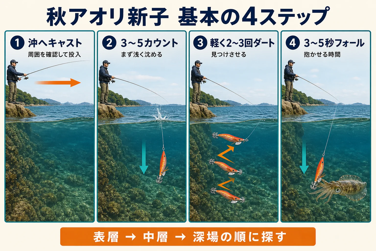 秋アオリイカ新子をエギで狙う基本の4ステップ