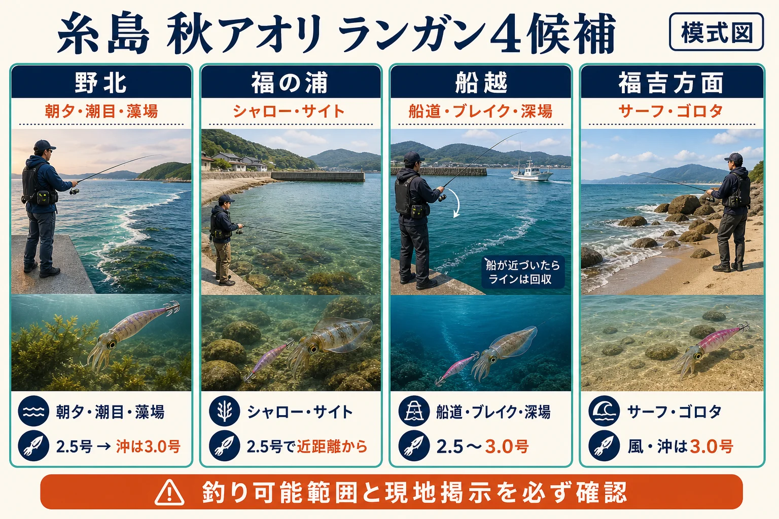 糸島で秋アオリイカ新子を探すランガン4候補の模式図